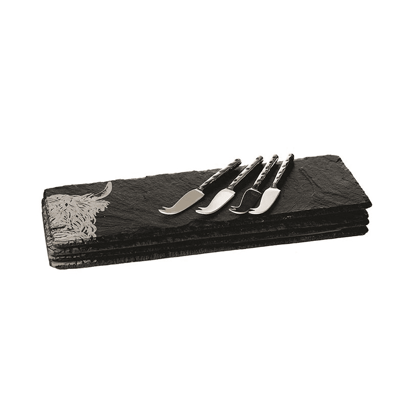 Country Animals Set of 4 Mini Slate Cheese Boards & Knives, Black