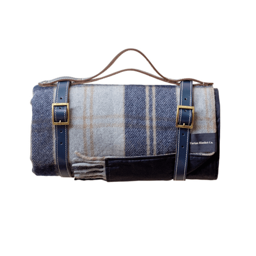 Image showing the Recycled Wool Picnic Blanket with Brown Leather Carrier, 140 x 190cm, Bannockbane Silver Tartan product.