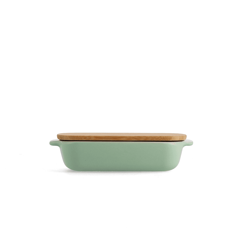 Stoneware Dish with Bamboo Lid, 20cm, Pistachio