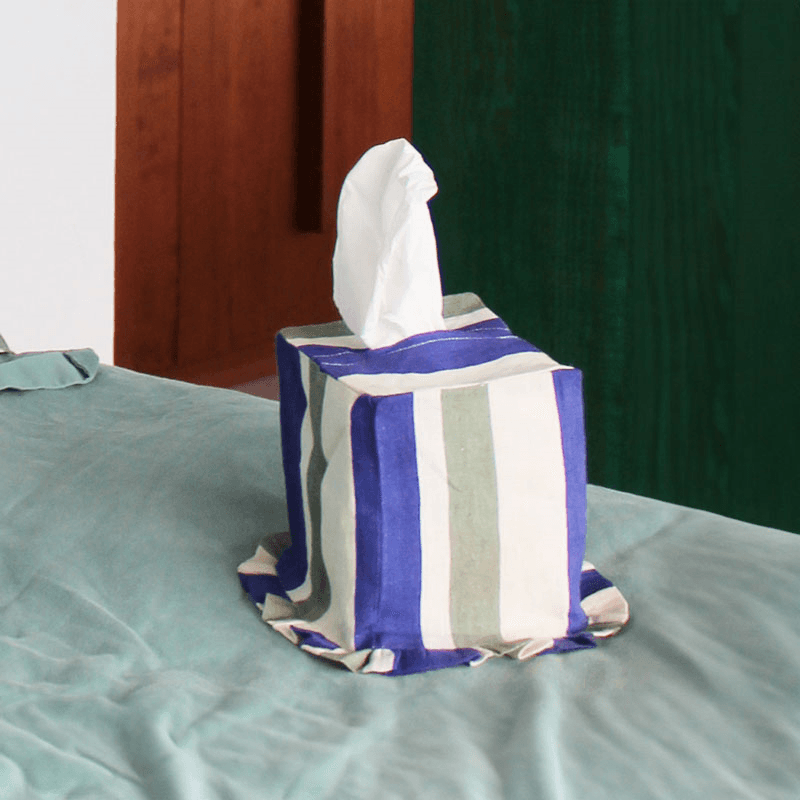 Stripe Tissue Box Cover, L12 x W12 x H13.5cm, Cobalt & Sea Green