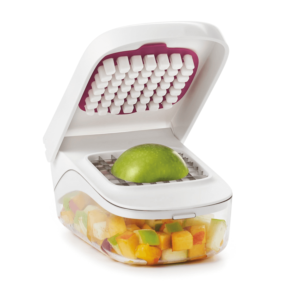 Vegetable chopper with easy pour opening