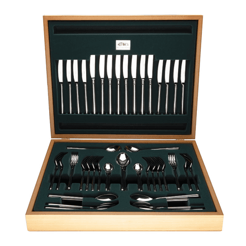 Image showing the Halo 60 Piece Cutlery Set With Beechwood Canteen, Mirror Finish product.