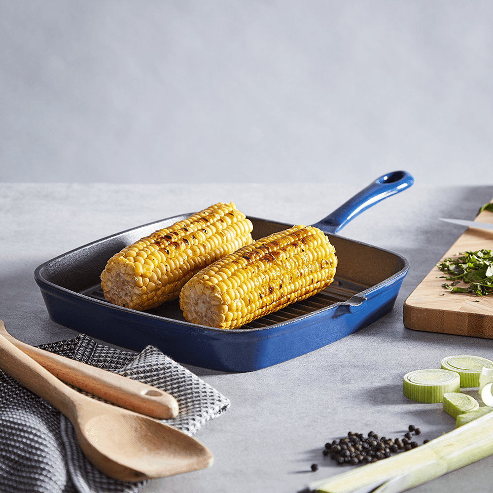 Foundary Cast Iron Square Griddle Pan, 26cm, Blue