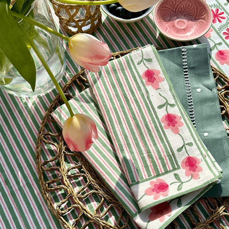 Suzani Stripe Set of  4 Napkins, 45cm, Green