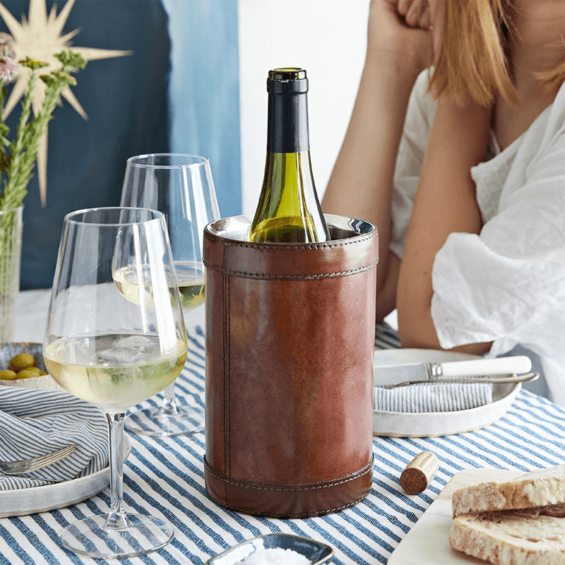 Single wine cooler, H21 x D13.5cm, Tan Leather