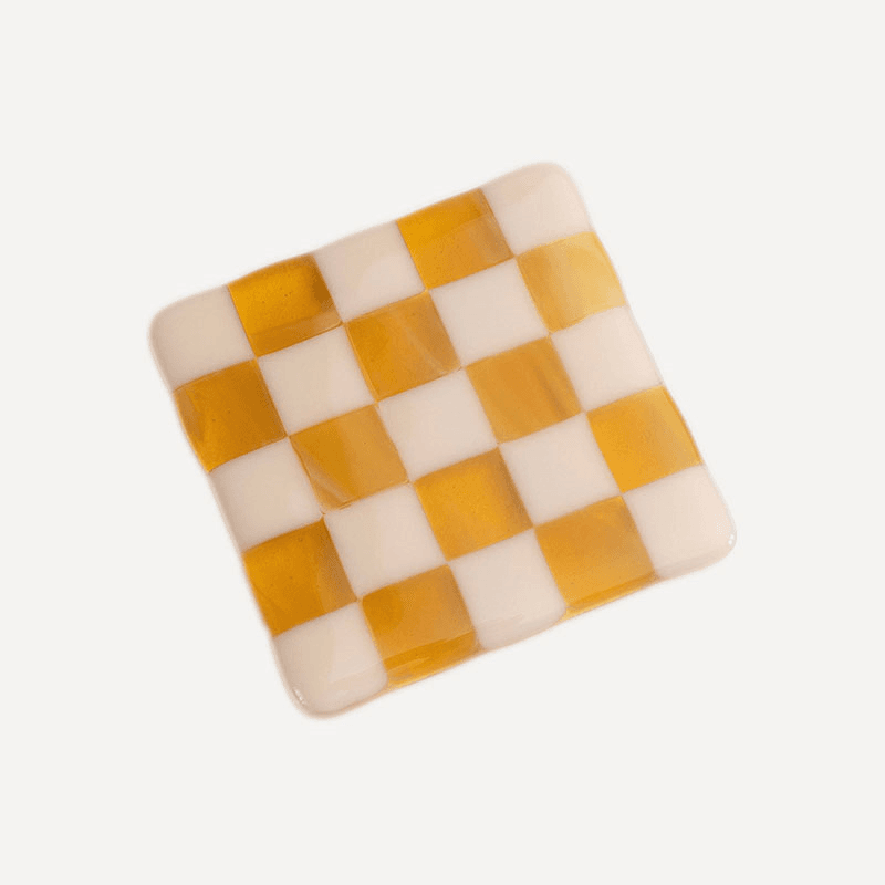 David Perry Checkered Set of 4 Coasters, 10cm x 10cm, Almond & Amber