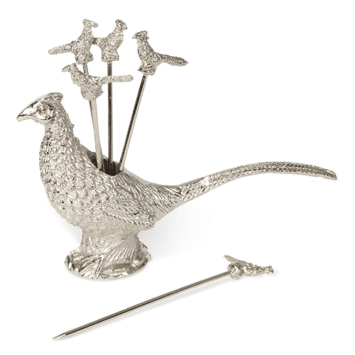 Image showing the Pheasant Set of 4 cocktail picks and pheasant holder, H13 x W1.3 x L2.3cm, silver plated product.