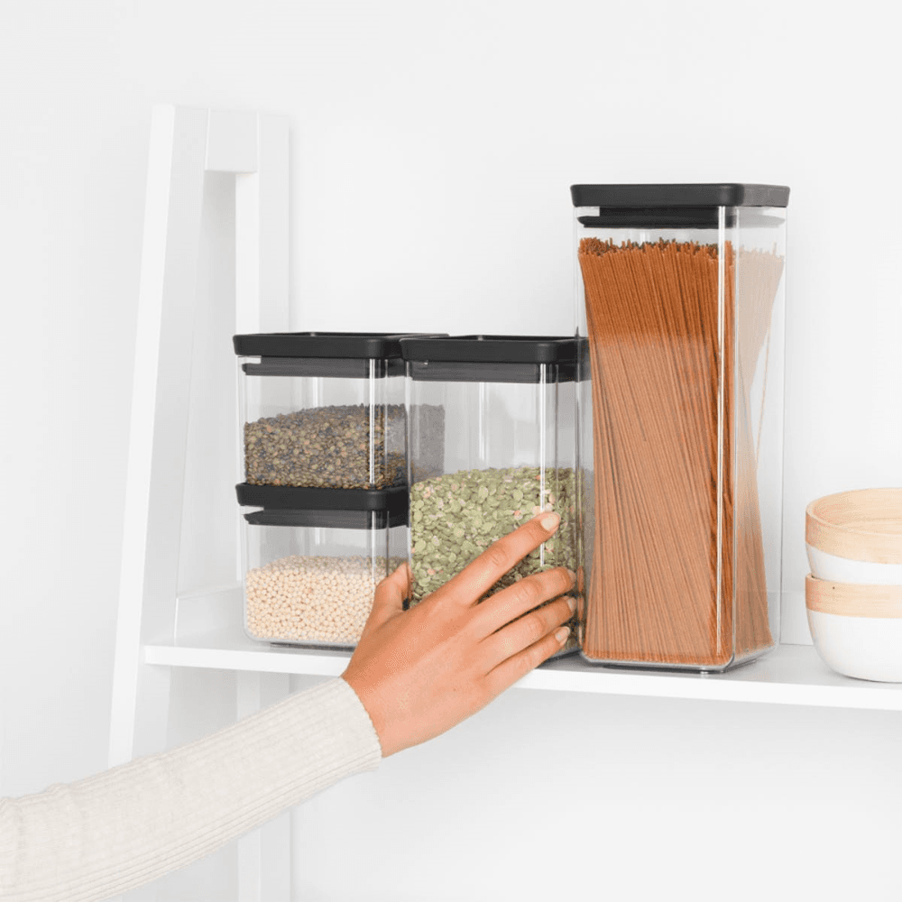 Tasty+ Stackable Square Canisters, Set of 4, Light Black Lids