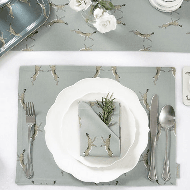 Boxing Hares Fabric Placemat, Duck Egg Grey