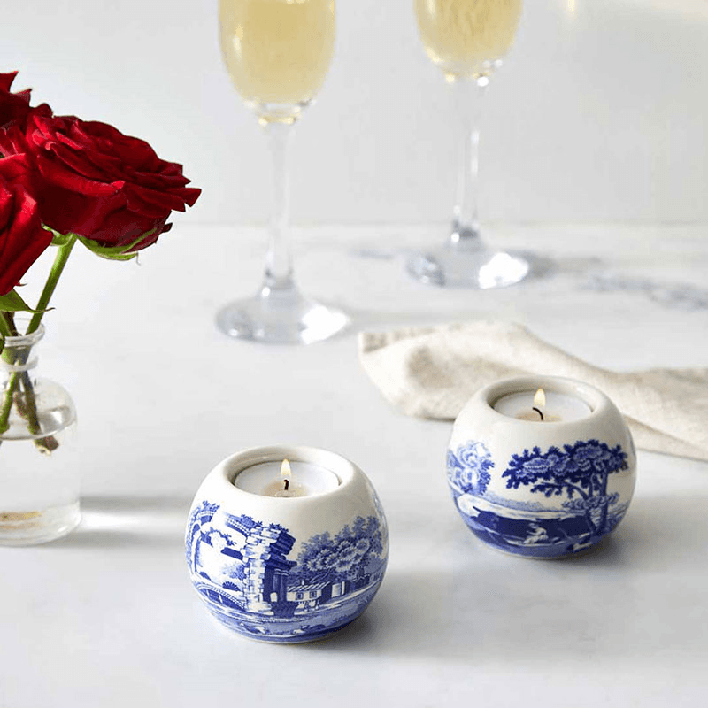 Blue Italian Set of 2 Tealight Holders, H6 x D8cm, Blue