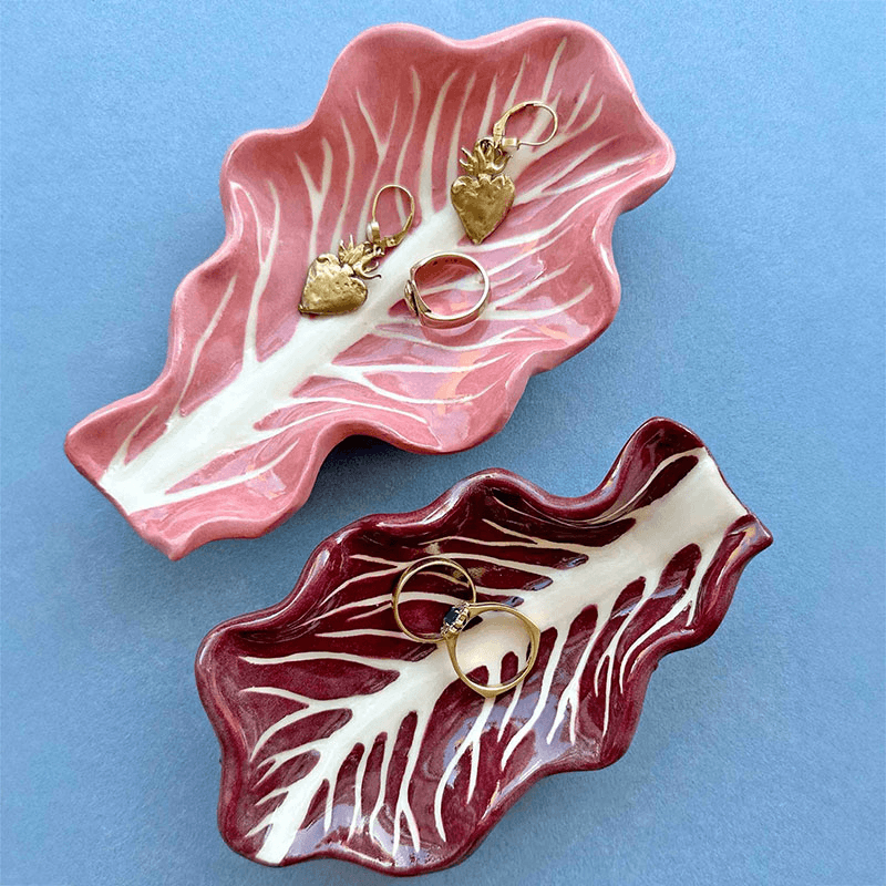 Minnie-Mae Studio Set of 2 Radicchio Leaf Dishes, 16cm x 7cm, Pink & Red