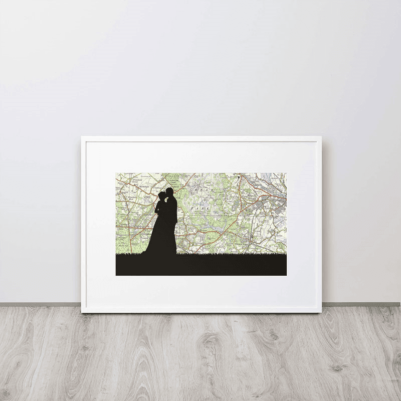 Personalised Map Print with Wedding Silhouette Voucher, 30 x 21cm, White Frame