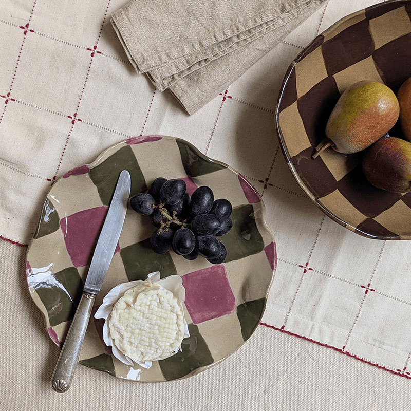 Rosie Gore Wavy Check Platter, D28cm, Smokey Olive & Burgundy