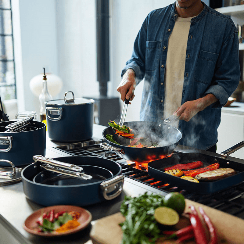 Space Folding Ceramic Non-Stick Wok, 32cm, Midnight Blue