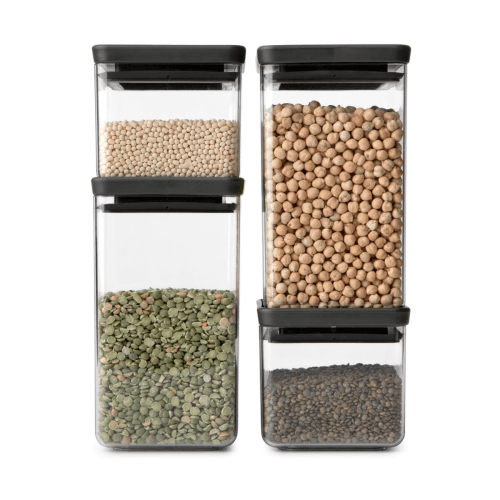 Image showing the Tasty+ Stackable Square Canisters, Set of 4, Light Black Lids product.