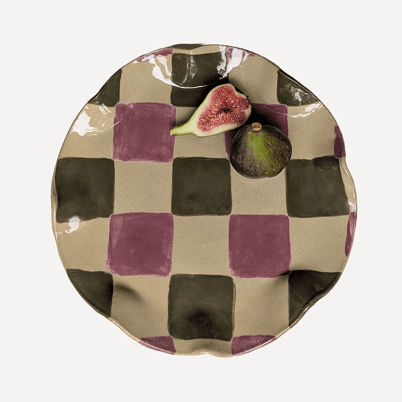 Rosie Gore Wavy Check Platter, D28cm, Smokey Olive & Burgundy