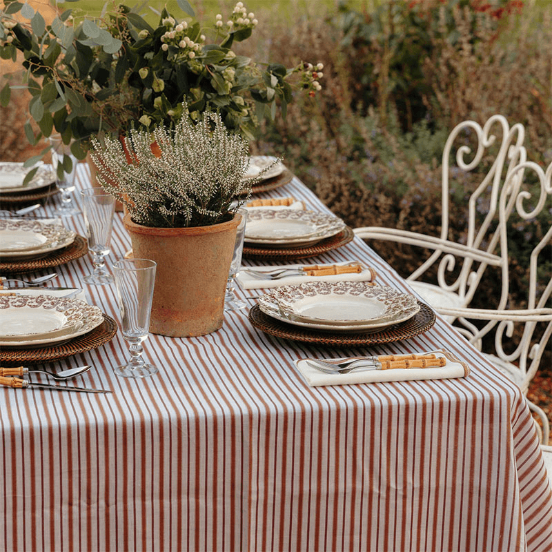 Victoria Striped Linen Tablecloth, 160 x 260cm, Dusty Rosewood