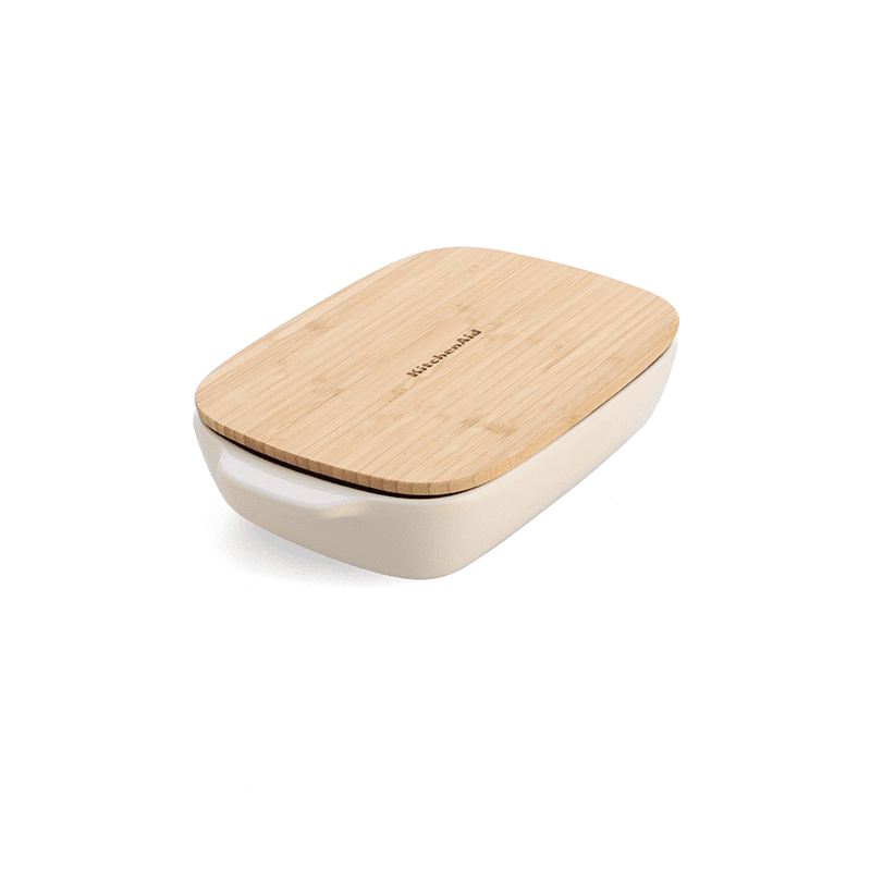 Stoneware Dish with Bamboo Lid, 26cm, Almond Cream