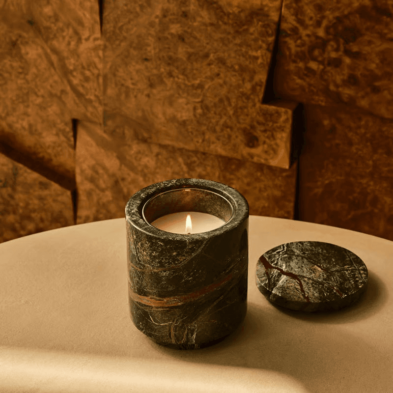 Leather & Oud Marble Candle, 250g, Forest Green