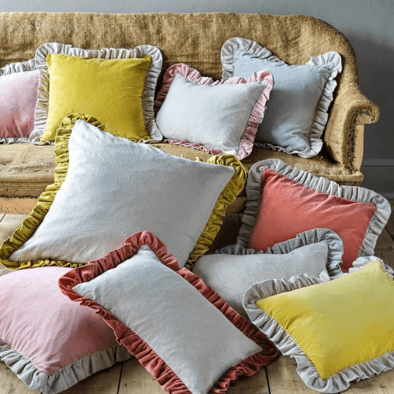 Velvet & Linen Frilled Cushion, 60 x 60cm, Mustard