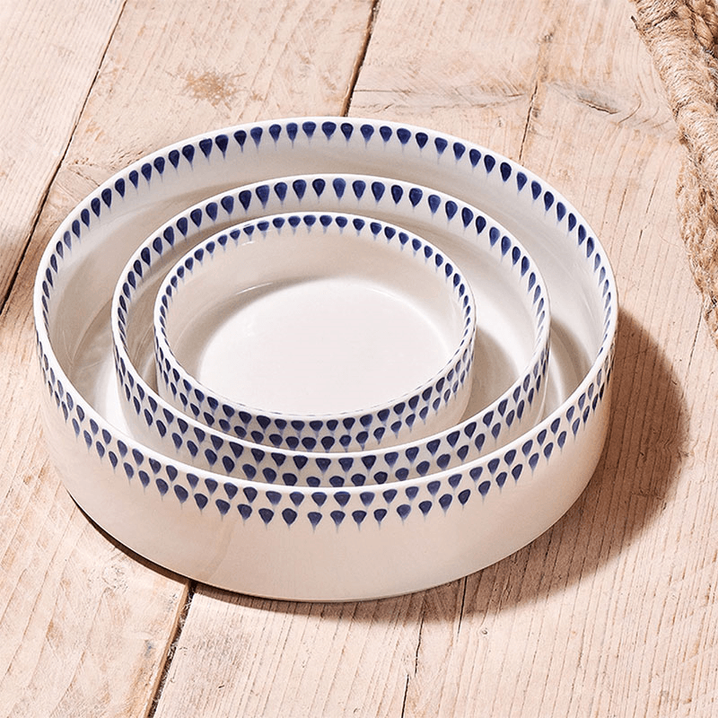 Indigo Drop Ceramic Pet Bowl, D15cm, Cream