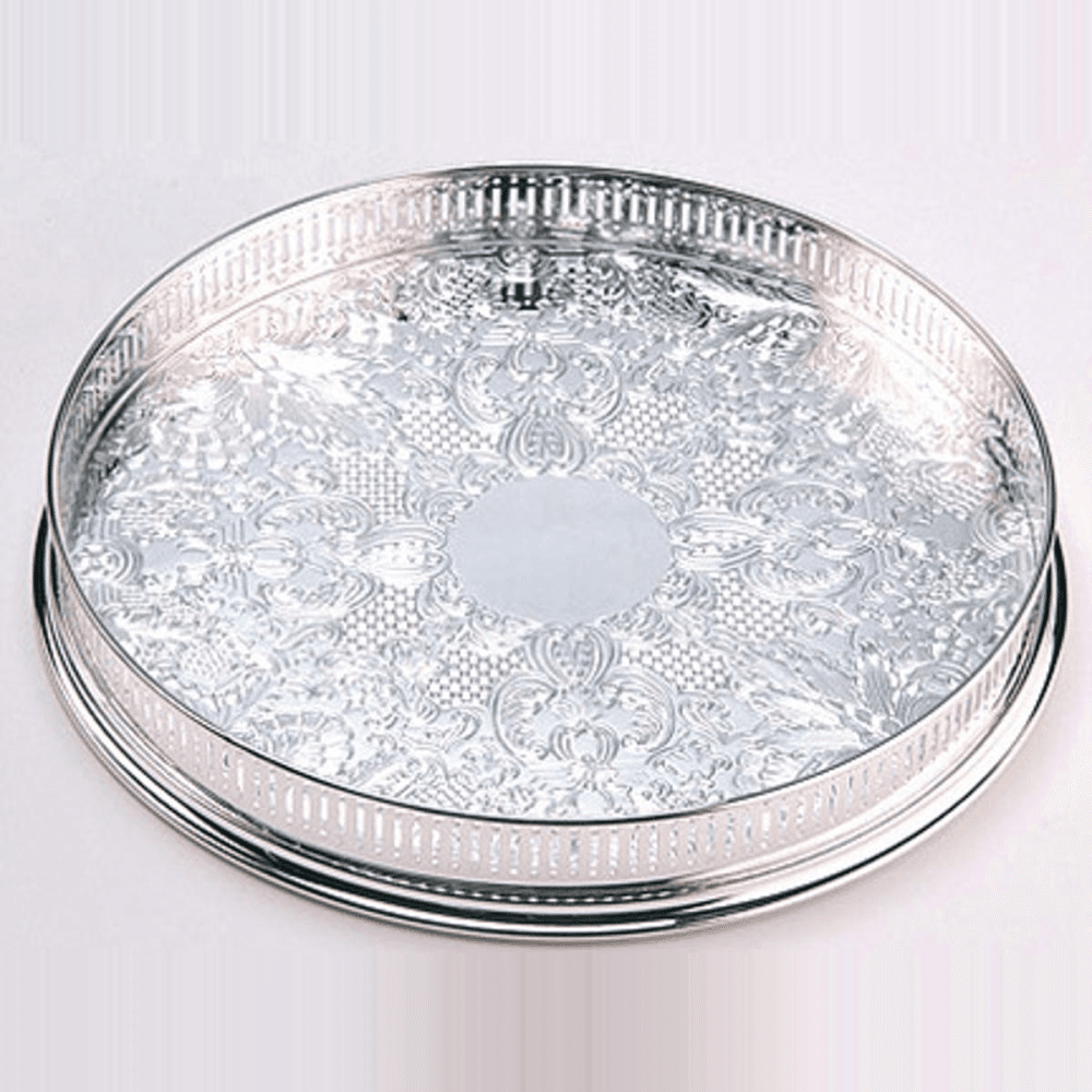 Gallery Round embossed tray, 14'', Silver Plated