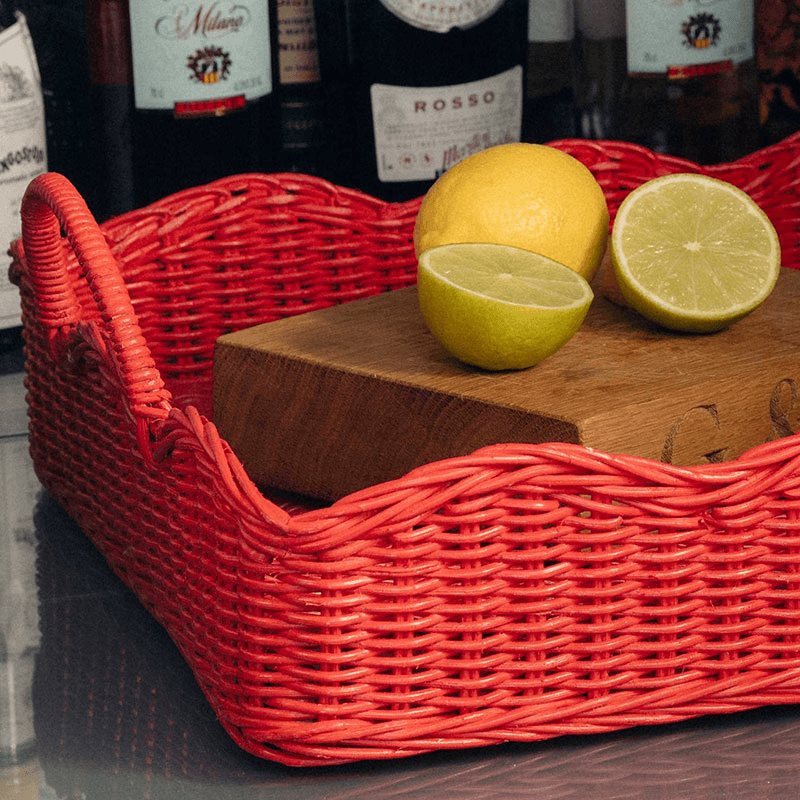Rattan Scalloped Tray, Red
