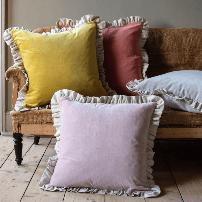 Velvet & Linen Frilled Cushion, 60 x 60cm, Mustard
