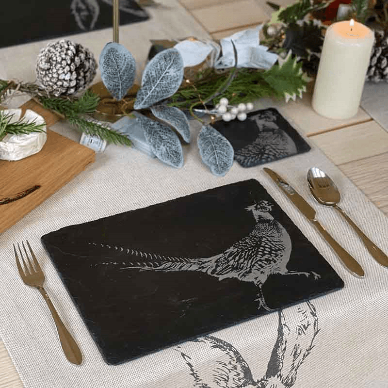 Pheasant Set of 2 Slate Place Mats, H22 x W30cm, Black