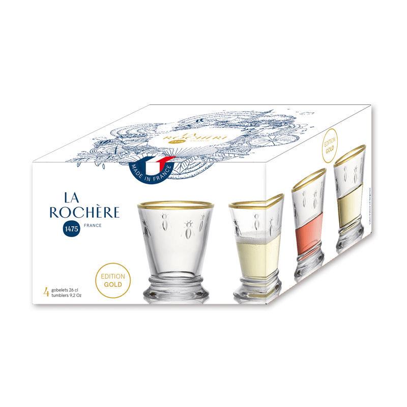 Bee Set of 4 Tumblers, 260ml, Clear with Gold Rim