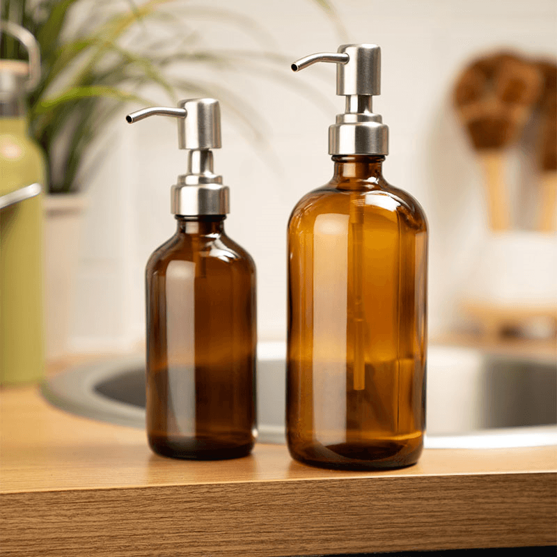 Amber Glass Pump Bottle, 500ml, Brown