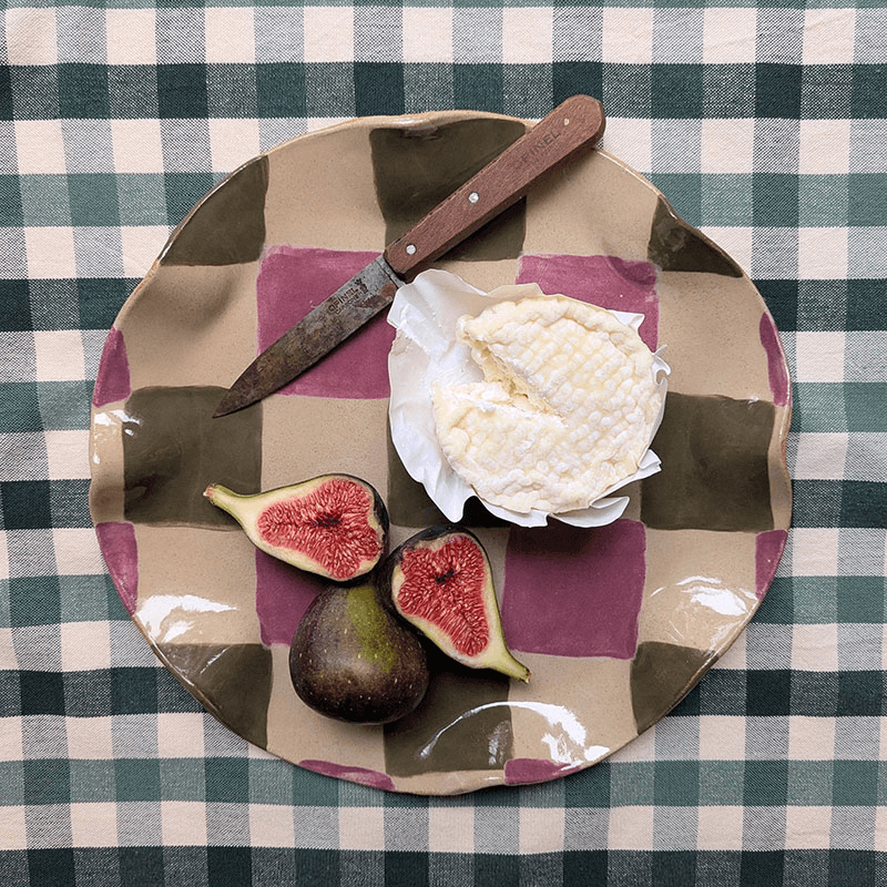 Rosie Gore Wavy Check Platter, D28cm, Smokey Olive & Burgundy