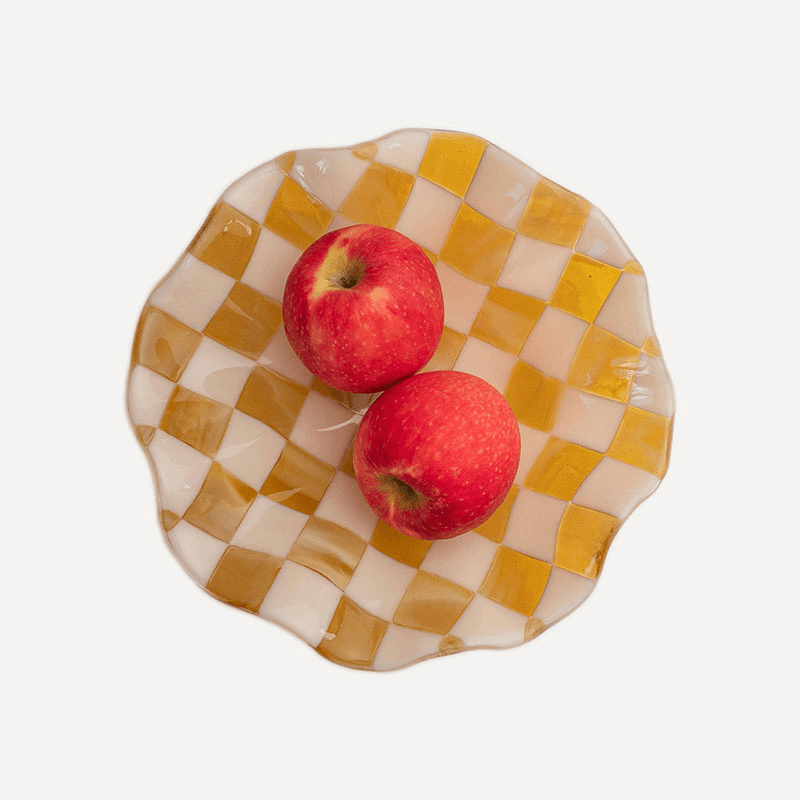 David Perry Bullseye Checkered Wavy Bowl, 25x25x6cm, Almond & Amber