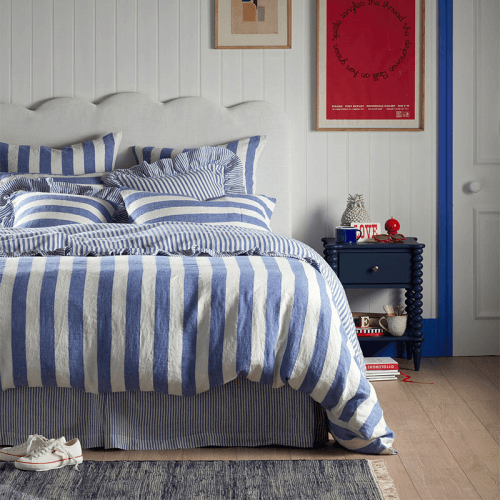 Image showing the Cora Stripe Linen Frill Edge Cushion Cover, 50 x 50cm, Cobalt product.