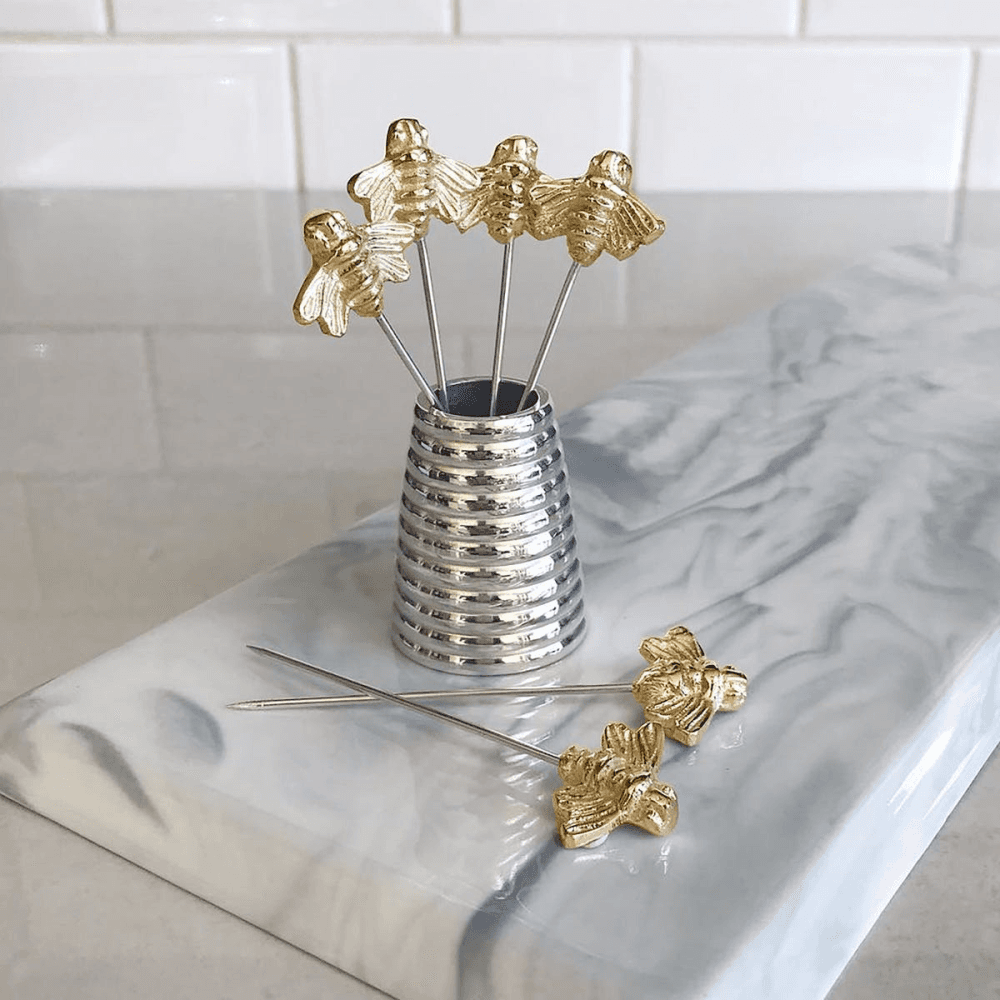 Bee Set of 6 large olive picks and holder, H5cm, Silver