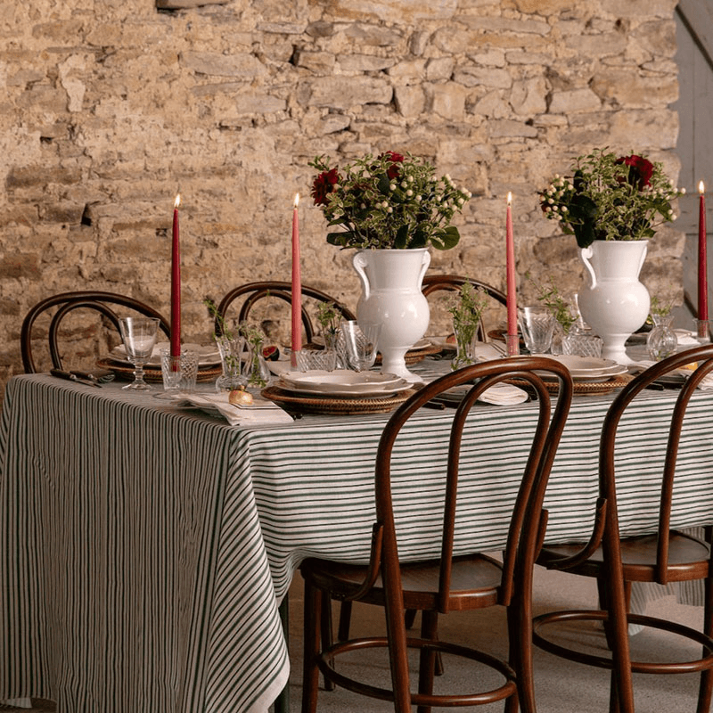Victoria Striped Linen Tablecloth, 180 x 330cm, Fir Green