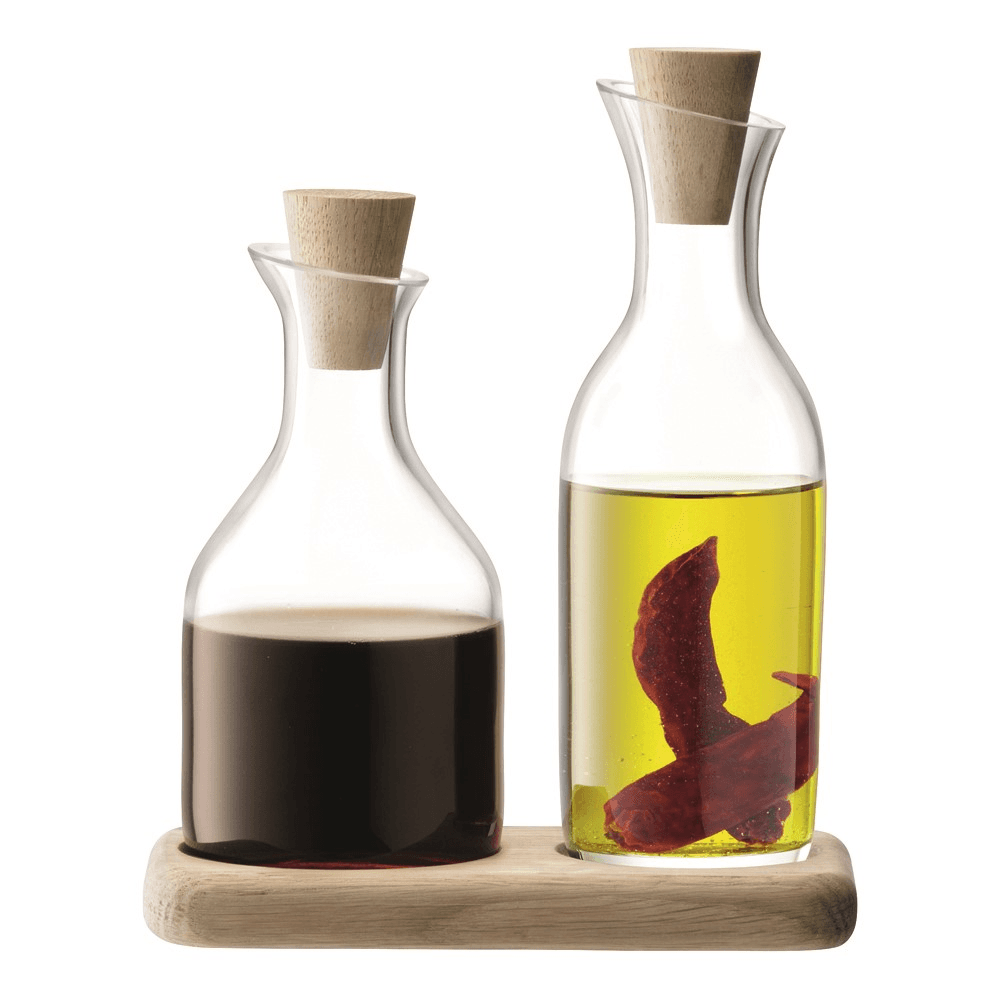 Serve Oil and vinegar set and oak base, 15cm