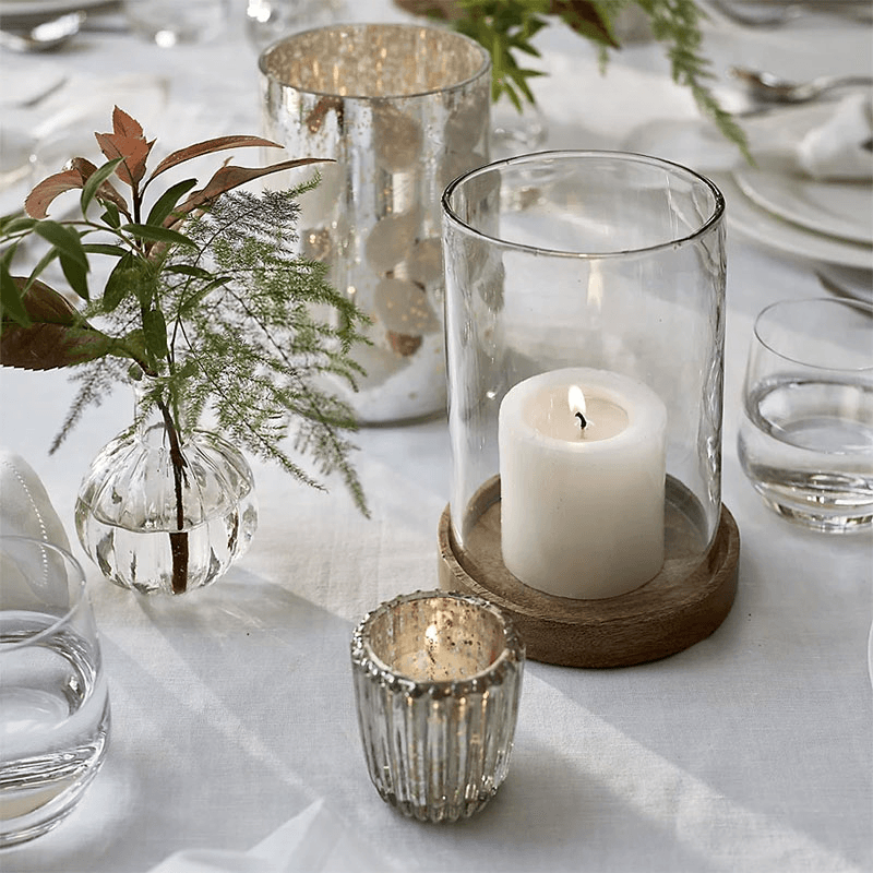 Mango Wood Hurricane Candle Holder, H19.5cm, Clear