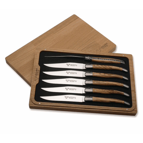 Image showing the Set of 6 Laguiole Steak Knives, Olive Wood Handles product.