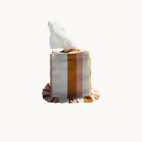 Image showing the Stripe Tissue Box Cover, L12 x W12 x H13.5cm, Ochre & Blush product.