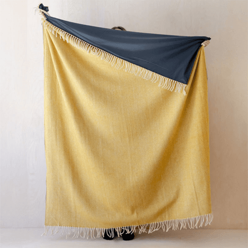 Image showing the Herringbone Recycled Wool Picnic Blanket with Brown Leather Carrier, 140 x 190cm, Mustard product.