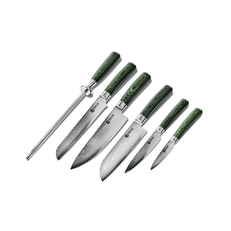 Japanese Damascus 6 Piece Knife Set & Block, Steel