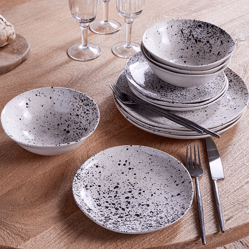 Ama Splatter Dinnerware Set, White & Black