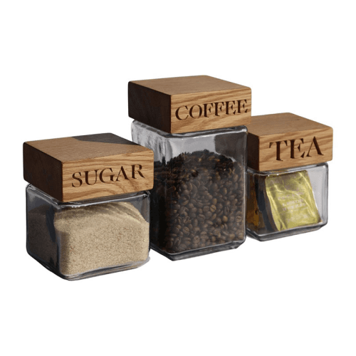 Image showing the Tea, Coffee, Sugar Storage Jar Set of 3, Oak & Glass product.