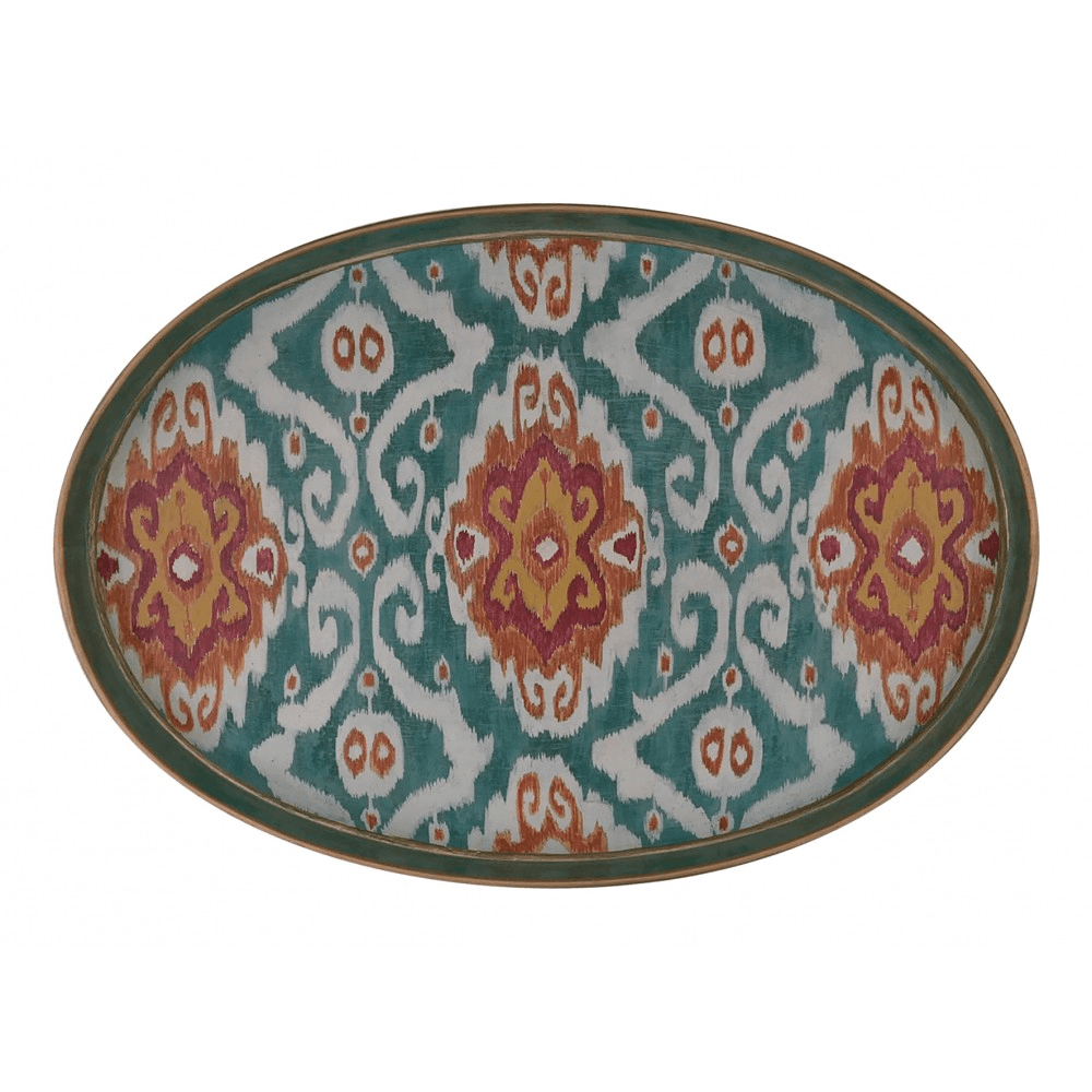 Ikat Oval Handpainted Iron Tray, 48 x 39cm, Blue