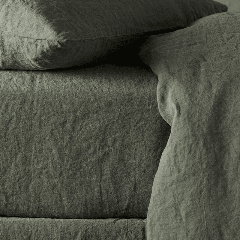 Linen Fitted Sheet, Superking, Olive Green