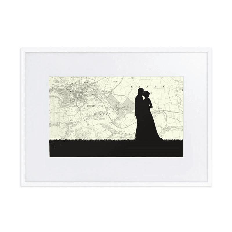 Personalised Map Print with Wedding Silhouette Voucher, 30 x 21cm, White Frame