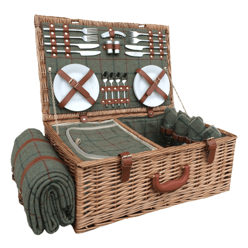 Image showing the Green Tweed Picnic hamper - 4 person, 58 x 38 x 22cm, Brown/Green product.