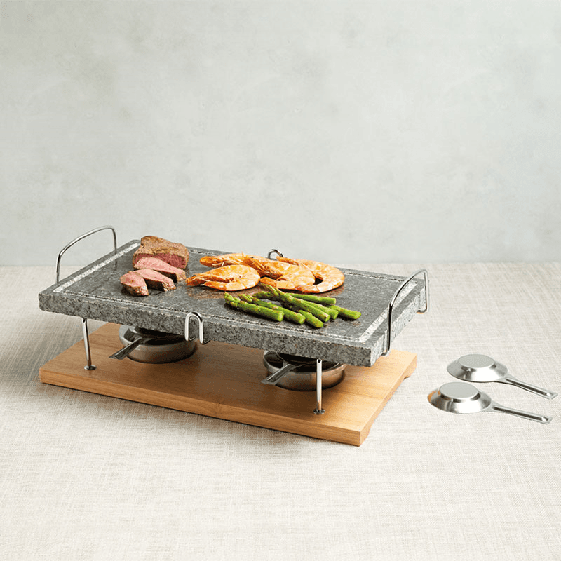 Hot stone grill set, 42 x 22 x 15cm, marble with wooden base