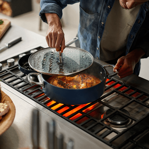 Image showing the Space Folding Ceramic Non-Stick Casserole Pan & Lid, 28cm, Midnight Blue product.